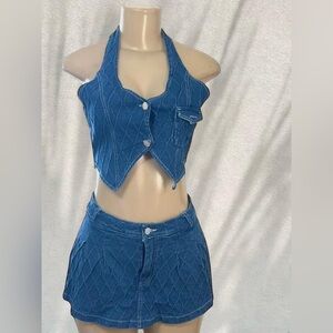 Denim Two-Piece Set | Halter Crop Top & High-Waisted Shorts 💙✨